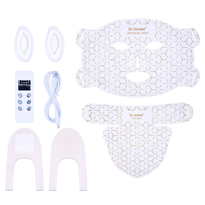 LED silicone infrared light facial mask device with neck strap, home use phototherapy skin rejuvenation spectrometer, red and blue light infrared light beauty.