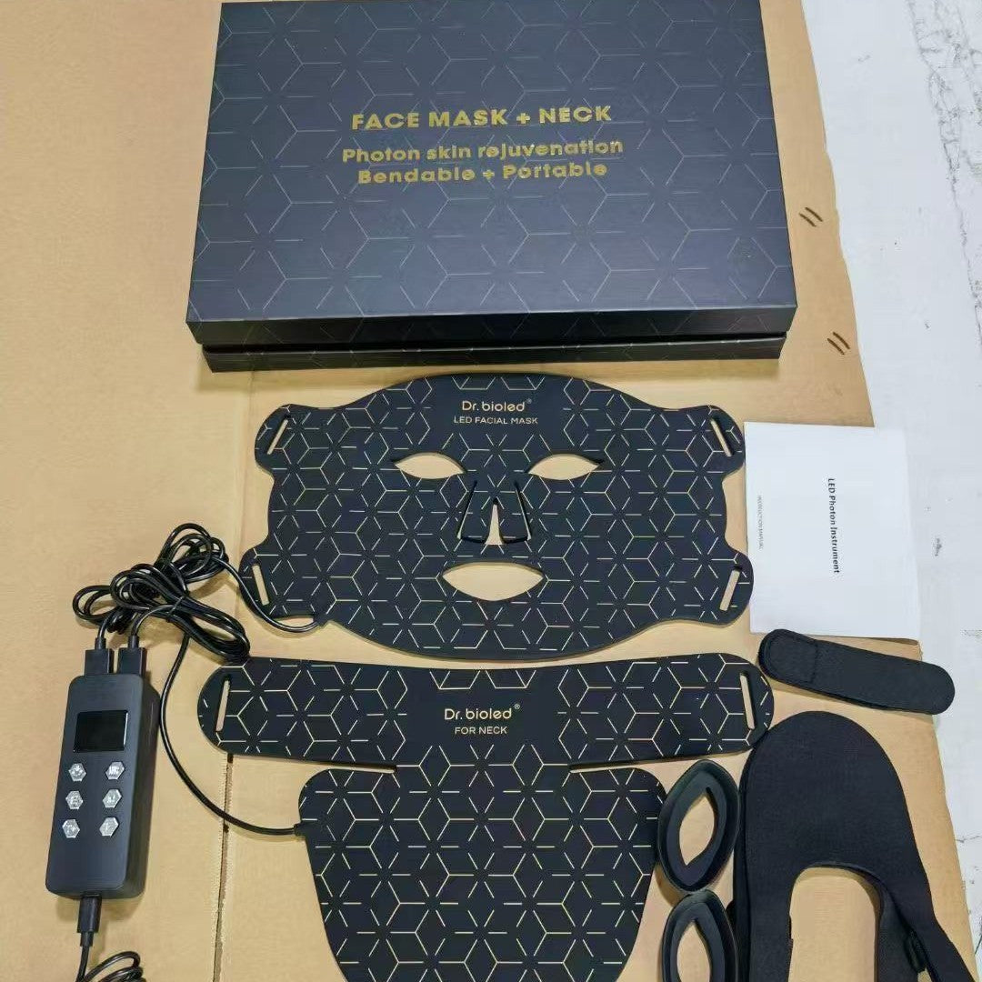 LED silicone infrared light facial mask device with neck strap, home use phototherapy skin rejuvenation spectrometer, red and blue light infrared light beauty.